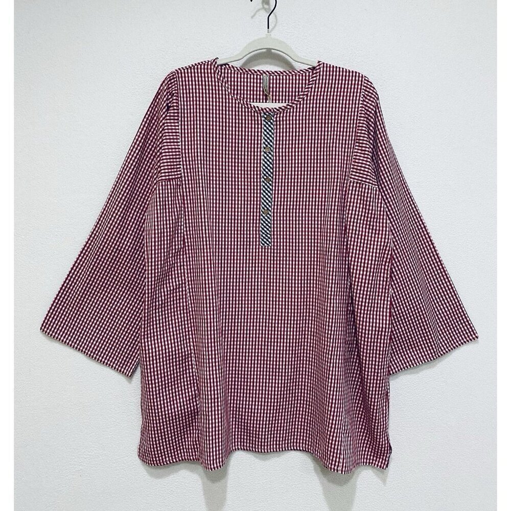 Embellish by Creative Co Op Top Womens XL Red Gingham Popover Picnic Cottagecore